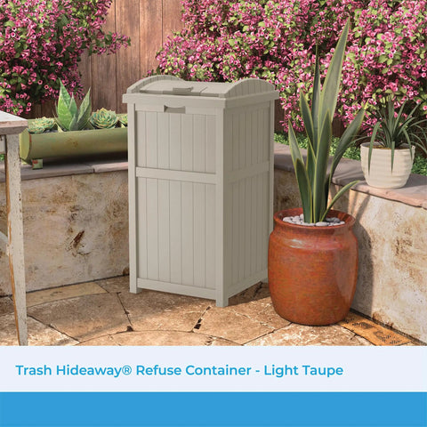 Hideaway Outdoor Trash Can With Lid 30 Gallon Weather Resistant Resin Bin With A Wicker Style Look for Patio and Yard