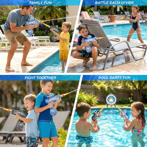 Children and adults enjoying Electric Water Guns 2 Pack Light Up Auto Squirt Blasters for Kids and Adults by a poolside.