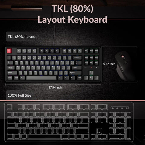 Premium TKL Wired Hall Effect Mechanical Keyboard Featuring Magnetic Switches Adjustable Actuation display with size reference.