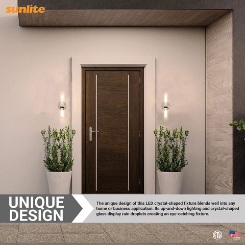 12-Inch LED Crystal Shape Two-Light Wall Sconce with dimmable warm white glow illuminating a modern entryway, brushed nickel finish.