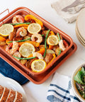 Copper Air Fryer Tray Set For Oven And Toaster Oven, 2 Piece Basket And Baking Pan, Mesh Crisper Tray For Even Airflow with shrimp
