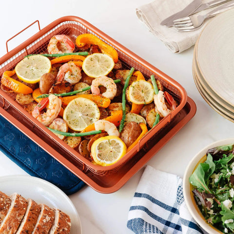 Copper Air Fryer Tray Set For Oven And Toaster Oven, 2 Piece Basket And Baking Pan, Mesh Crisper Tray For Even Airflow with shrimp