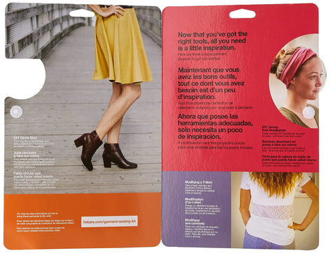 Back packaging of garment making starter kit, showcasing inspiration and DIY ideas in multiple languages, model in dress, sewing tips included.