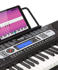 54 Key Keyboard Piano Kit With Power Supply, Sheet Music Stand, Note Stickers And Lessons For Beginners shown with tablet app