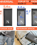 All Signal Shielding Phone And Card Pouch With RFID Blocking And GPS Blocker Dark Gray dimensions and usage example.