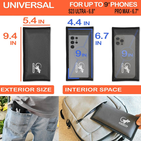All Signal Shielding Phone And Card Pouch With RFID Blocking And GPS Blocker Dark Gray dimensions and usage example.