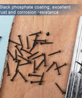 210 Piece Six Gauge One And A Quarter Inch Drywall Screws Black Oxide Coated Carbon Steel scattered on wood surface