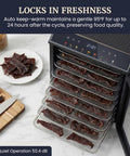 Amp Up Your Snack Game With This Solid 10 Tray Stainless Steel Digital Food Dehydrator showcasing jerky on racks and control panel.