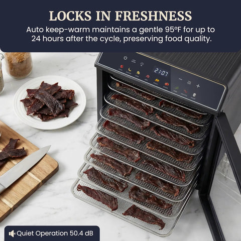 Amp Up Your Snack Game With This Solid 10 Tray Stainless Steel Digital Food Dehydrator showcasing jerky on racks and control panel.
