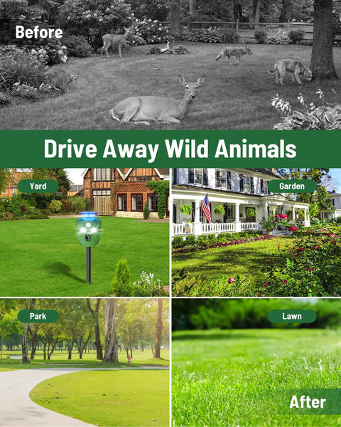 360 Degree Solar Animal Deterrent For Yard And Garden With No Blind Spots, Three Motion Sensors, Waterproof Ultrasonic And Flashing Light Outdoor Device To Keep Deer, Raccoons, And Cats Away in yard and garden