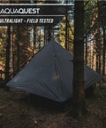 Ultralight Waterproof Tarp For Backpacking And Thru-Hiking, Seam-Taped 5,000 Mm Rain Fly, 40D Ripstop Nylon pitched in forest