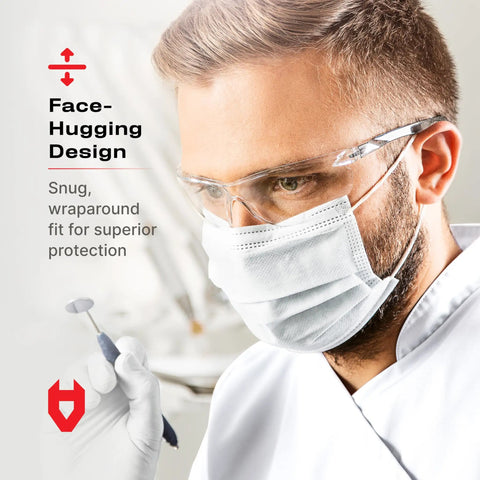 Person wearing Lightweight Protective Safety Glasses With ANSI Z87.1 Rating, clear anti fog lenses, and face mask for protection