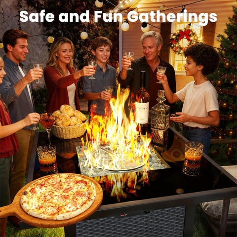 People gathered around 28 Inch Rattan Square Outdoor Gas Fire Pit Table With Glass Wind Guard And Tempered Glass Top Includes Lid 50,000 BTU CSA Listed Weatherproof Wicker On Stainless Steel Frame Black Backyard Patio Deck Garden.
