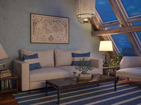 Living room with sofa and Aweigh Table Lamp with Weathered Bronze Finish, 30 Inch Tall, Coastal Casual Vibe Lighting by window.