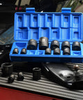 1/2 Inch Drive Shallow Impact Socket Set 14 Piece, 6 Point SAE Sockets From 3/8 To 1-1/4 Inch, Hardened Cr-V Steel in blue case