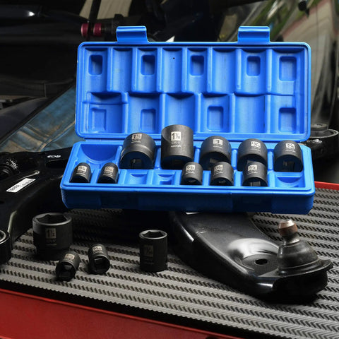 1/2 Inch Drive Shallow Impact Socket Set 14 Piece, 6 Point SAE Sockets From 3/8 To 1-1/4 Inch, Hardened Cr-V Steel in blue case