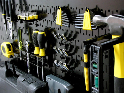Pegboard 16in By 32in Horizontal Black Metal Tool Board Panel For Garage And Workshop, tools organized, mounted with pegs.