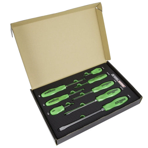 Open box of Eight Piece Mechanic Grade Screwdriver Set With Slotted And Phillips Drivers, Durable Alloy Steel, Ergonomic Comfort Handles