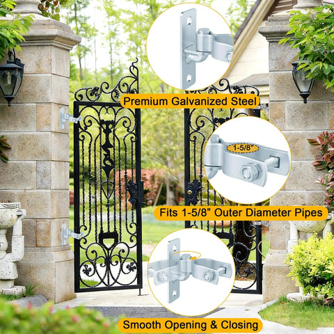 2 Pack Heavy Duty Wall Mount Gate Hinges With Screws Rustproof Galvanized Steel For Chain Link Fence And Barn Doors installed on ornate gate.