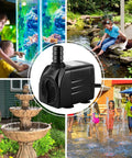 Ultra Quiet 400GPH Submersible Fountain Pump for Ponds, Aquariums, and Hydroponics, 25W Outdoor Water Pump displayed with usage scenes.
