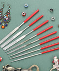 Miniatures Needle Files Set For Modeling, 9 Pcs Round Flat Triangular Diamond Coated Files with red handles on green background