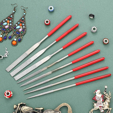 Miniatures Needle Files Set For Modeling, 9 Pcs Round Flat Triangular Diamond Coated Files with red handles on green background