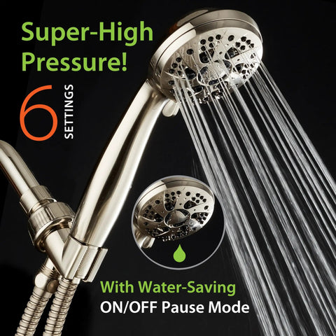 High Pressure 6 Setting Brushed Nickel Handheld Shower Head With Stainless Steel Hose Built To Last Powerful Water Flow