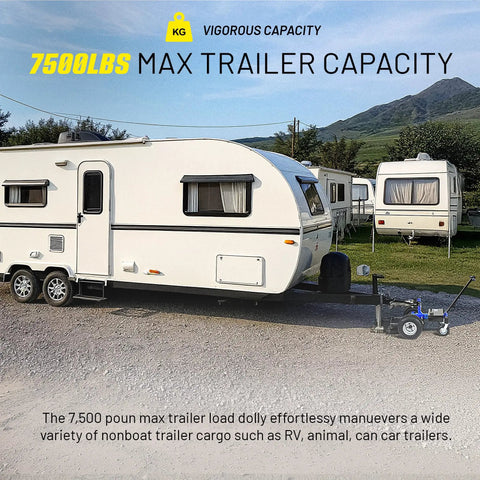 Goodyear Electric Trailer Dolly Super Duty Heavy 7500 Lbs Max Towing Capacity for RVs with 7500lbs max load and visible trailer.