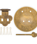 Longevity Brass Plate Chest Box Latch Decorative Hardware 3.4 Inch Durable Brass Finish shown unassembled with decorative engravings.