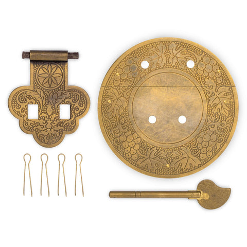 Longevity Brass Plate Chest Box Latch Decorative Hardware 3.4 Inch Durable Brass Finish shown unassembled with decorative engravings.