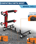 Heavy Duty Car Dolly Storage Rack With 360 Degree Swivel Casters, black metal frame with specifications displayed.