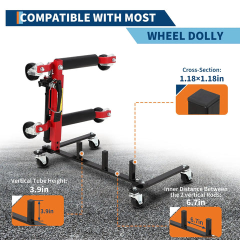 Heavy Duty Car Dolly Storage Rack With 360 Degree Swivel Casters, black metal frame with specifications displayed.