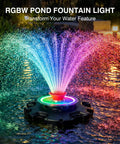 RGB LED Pond Fountain Aerator With Floating Light Show And Lit Night Illumination displaying multicolor water jets