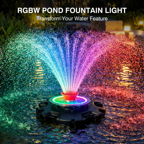 RGB LED Pond Fountain Aerator With Floating Light Show And Lit Night Illumination displaying multicolor water jets