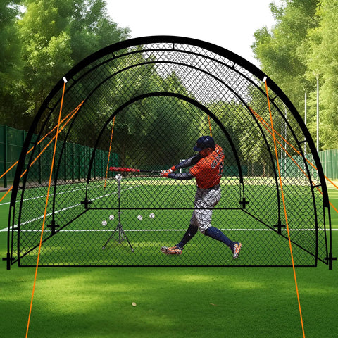 Player batting in Backyard Baseball Batting Cage For Baseball And Softball Practice 22 Ft Portable Net With Carry Bag Detachable Door