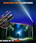 Hella Bright Rechargeable Flashlight With 30W LED 100000 Lumens illuminating forest with adjustable focus feature visible
