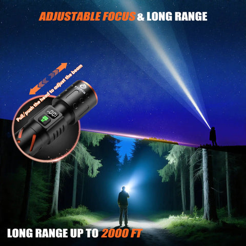 Hella Bright Rechargeable Flashlight With 30W LED 100000 Lumens illuminating forest with adjustable focus feature visible