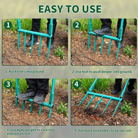 Steps using Beefy Five Tine Broad Fork Garden Tool With Extra Long 11.8 Inch Tines Built Tough Heavy Duty Steel For Farm Digging Crushing And Aerating Soil