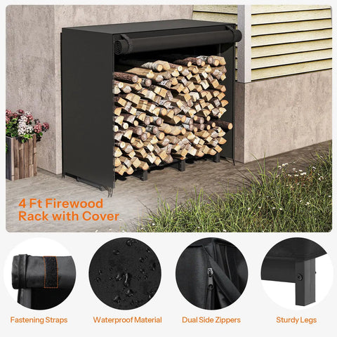Adjustable Firewood Rack With Weatherproof Cover for Indoor and Outdoor Use, 48-inch, holding quarter face cord, modular design.