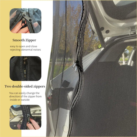 Tailgate Mesh Screen For SUV And Minivan, No-See-Ums Mosquito Prevention, featuring smooth double-sided zippers, easy setup