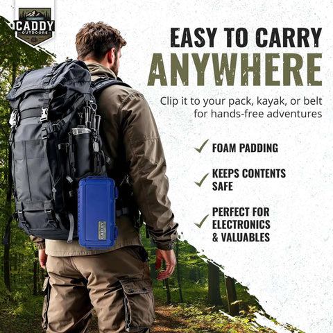 Tough As Nails Outdoor Case With Airtight Gasket Seal And Heavy Duty Latches To Block Rain Mud And Dust Secure Travel Friendly Hard Shell attached to a backpack in a forest.