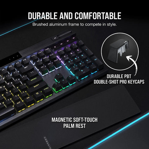 Elite Mechanical Gaming Keyboard With Cherry MX Red Switches And Fire Per Key RGB Lighting features brushed aluminum and durable PBT keycaps.