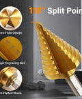 Pro Grade Heavy Duty HSS Titanium Step Drill Bit Set With Automatic Center Punch, 118° split point, two-flute design