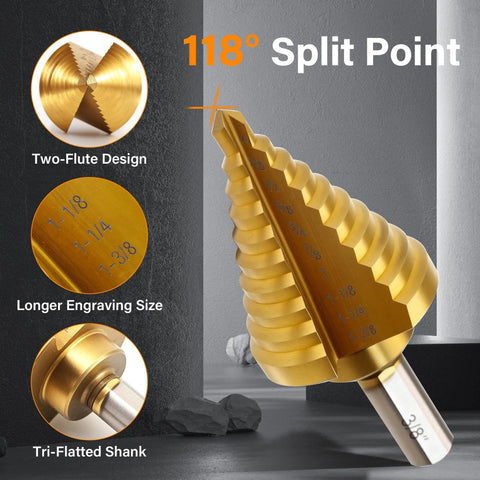 Pro Grade Heavy Duty HSS Titanium Step Drill Bit Set With Automatic Center Punch, 118° split point, two-flute design