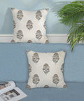 Gray Brown Linen Pillow Cover Set 18x18, 2 Pack Floral Block Print, Modern Vintage Boho Decor For Couch And Outdoor, Fade Resistant Cushion Covers, Neutral Farmhouse Throw Pillows on blue sofa