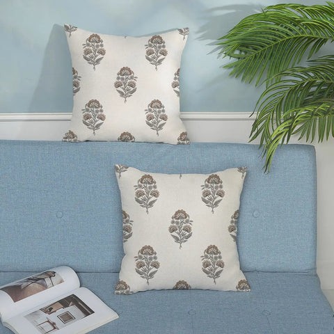 Gray Brown Linen Pillow Cover Set 18x18, 2 Pack Floral Block Print, Modern Vintage Boho Decor For Couch And Outdoor, Fade Resistant Cushion Covers, Neutral Farmhouse Throw Pillows on blue sofa