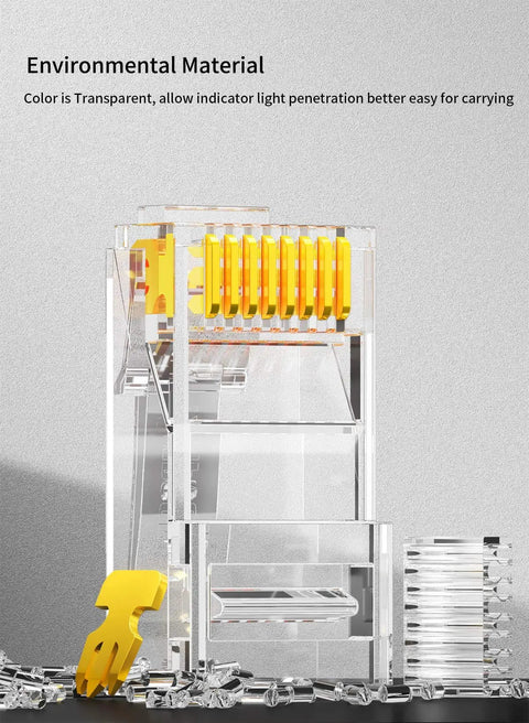 RJ45 Connectors Set, Standard Modular Plugs, UTP Gold Plated 8P8C Crimp End For CAT6 Ethernet Cable, transparent material