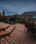 8 Pack Low Voltage LED Deck Lights Mini Eyelid Step Lights illuminating wooden deck steps and patio at dusk