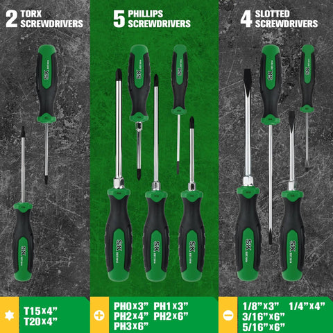 Magnetic Screwdriver Set With Slotted Phillips And Star Bits, Pro Grade S2 Steel Shafts, diverse screwdrivers displayed.