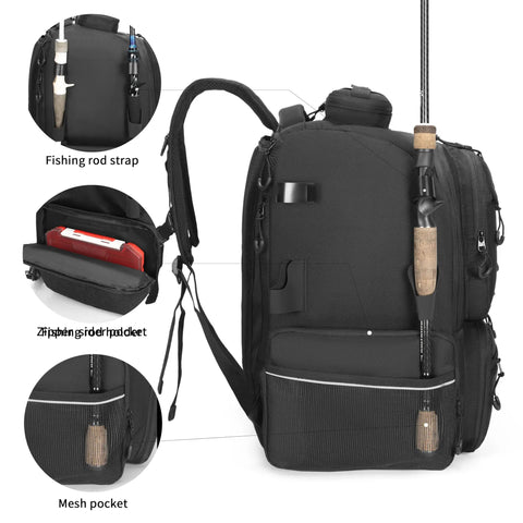 Profile of 45L Insulated Tackle Backpack For Fishing Gear, showing fishing rod strap, zippered pockets, and mesh pocket details.